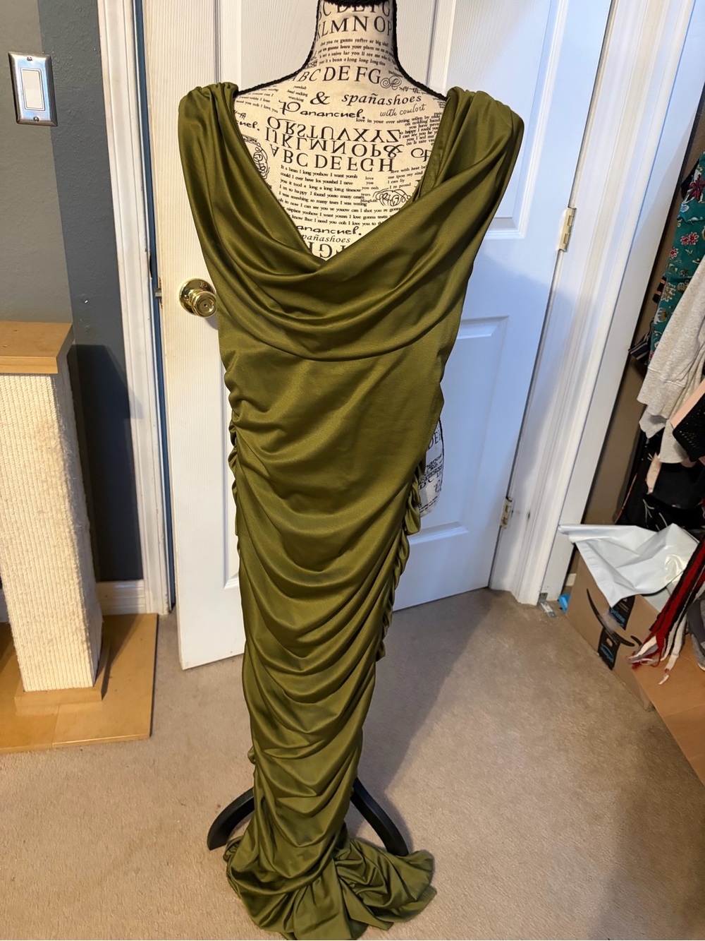 Black Halo Olive Green Draped Ruched Evening Gown